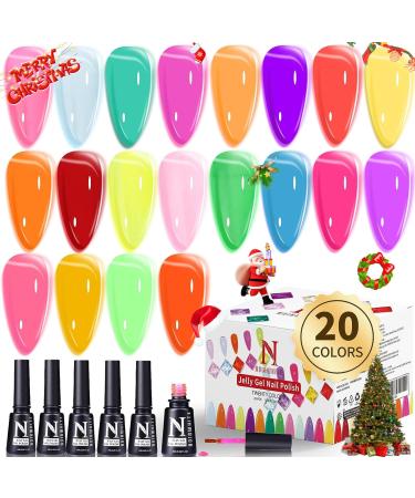 Noirwhite Jelly Gel Polish 20 Colors Trendy Neon Jelly Gel Nail Polish Kit Glossy Crystal Transparent Gel Polish Nude Pink Purple Green Blue Yellow Red Colors Jelly Nail Polish Set Soak Off UV LED Home DIY Nail Art Salon Jelly Gel Polish Set-2