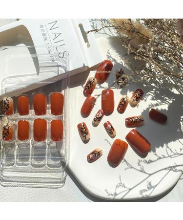 24 Pcs Fall Press on Nails - Brown & Gold Foil Autumn Acrylic Medium Length - Reusable Glossy Fake Nails for Women - Buy Online on GoSupps.com