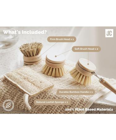 Jungle Culture Eco-Friendly Bamboo Dish Brush Set - 4 Piece Kitchen Cleaning Brushes with 3 Replacement Heads - Long Handle Wooden Brush for Pans, Plates, and Dishes - Buy Online on GoSupps.com