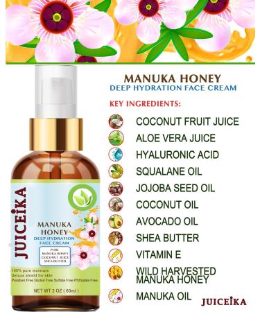 Juiceika MANUKA HONEY Deep Hydration Face Cream Face Moisturizer. Manuka Oil Aloe Vera Shea Butter Coconut Oil Jojoba Oil Squalane Hyaluronic Acid Avocado Oil 2 Fl. oz. - 60 ml. - Buy Online on GoSupps.com