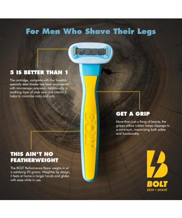Buy Bolt Performance Razor for Men's Leg Shaving - Ergonomic Zinc Alloy 5-Blade Cartridge with Aloe & Vitamin E - Includes 2 Cartridges - International Shipping Available - Buy Online on GoSupps.com