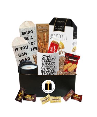Coffee Gift Basket - Bistro Coffee Mug, Socks, Gourmet Coffee Snacks - Coffee Gifts For Women - Coffee Gifts For Men - Perfect For Birthday, Easter, Thank You