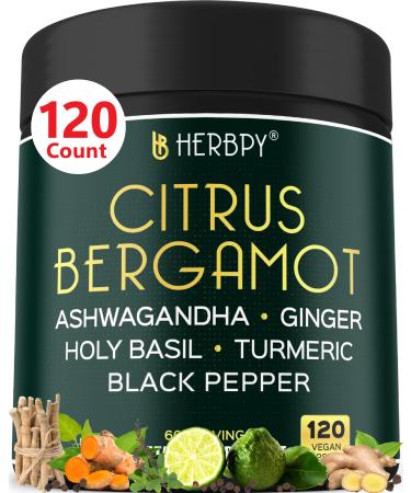 6in1 Citrus Bergamot Supplement with Ashwagandha Holy Basil Turmeric & Ginger Root - Healthy Aging Immune & Relaxation - 120 Vegan Capsules 120 Count (Pack of 1)