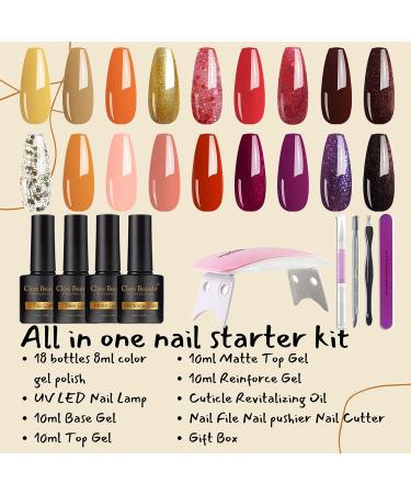 Clou Beaute Cozy Campfire Collection Gel Nail Polish Kit - 18 Fall Winter Colors | Orange Yellow Green Soak Off Polish Set with Lamp Base and Top Coat | 8ml Manicure Gift for Women - S22-07 - Buy Online on GoSupps.com