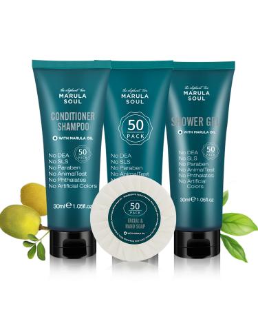 OPPEAL Marula Soul Travel Size Toiletries 3-Piece Set | 1oz Conditioning Shampoo, Body Wash, Facial Soap | Ambergris Scent | 150 Pcs Total | Ample Bulk for Guests