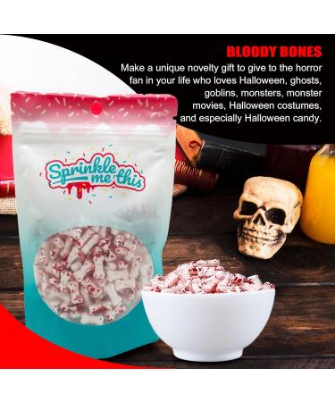 Bloody Bones Treat Toppers - 4 oz Resealable Stand Up Candy Bag - White Candy Bone Shaped Sprinkles w/ Red Splashes - Halloween Themed Sprinkles for Holiday Desserts and Snacks - Buy Online on GoSupps.com