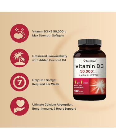NatureBell Vitamin D3 50 000 IU + K2 200 mcg 180 Softgels | Once-Weekly Formula with Coconut Oil | Max Strength Bone Heart & Immune Support | MK-7 Form | Non-GMO 180 Count (Pack of 1) - Buy Online on GoSupps.com