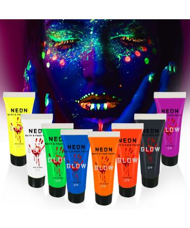 UV Face and Body Paint Glow Set of 8 Colours Face Paint Fluorescent Palette Neon Halloween Art Party Fancy Make Up Set