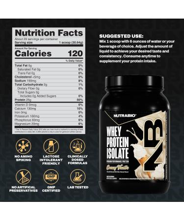 NutraBio 100% Whey Protein Isolate Protein Powder, 25g Protein with Complete Amino Acid Profile, Non-GMO, Soy & Gluten Free, Low Carb, Low Calorie Whey Protein Powder, Creamy Vanilla, 2 Lbs Vanilla 2 Pound (Pack of 1) - Buy Online on GoSupps.com