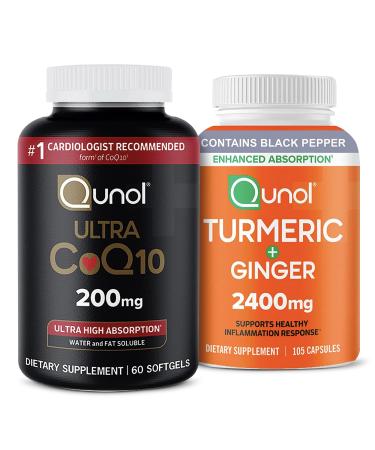 Qunol CoQ10 & Turmeric: CoQ10 200mg 60 Softgels & Turmeric Curcumin 2400mg 105 Capsules Unflavored 60 Count & 105 Count