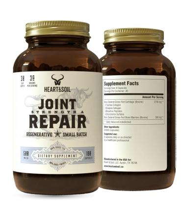 Heart & Soil 100% Grass Fed & Finished Joint Support Supplement from Regenerative Cattle with Trachea, Scapula & Bone Marrow Supports Joint Strength & Mobility 3000mg Glass Bottle 180 Capsules Joint, Strength & Repair