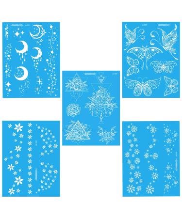 JANSONG 5 Pieces of 30 Temporary White Flowers Snowflakes Stars Moon Butterfly Patterns Waterproof Body art Freckles Facial Tattoo Stickers