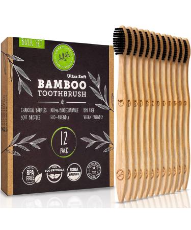 Charcoal Bamboo Toothbrushes (12 Pack) - Extra Soft Natural Bristles for Adults & Kids Teeth | Zero Waste Biodegradable Bulk Wooden Tooth Brush Travel Kit | BPA Free, Eco-Friendly Organic Compostable