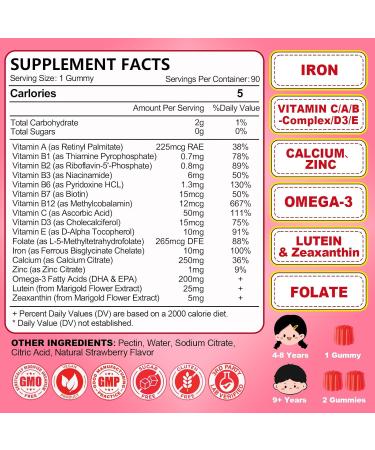 90 Count | Iron Gummies for Kids, Kids Multivitamin with Calcium, Zinc, Folate, Omega-3 & Lutein, Support Energy, Immnity, Iron Deficiency, Anemia & Brain Health, Vegan, Sugar-Free, Strawberry Flavor 90 Count (Pack of 1) - Buy Online on GoSupps.com