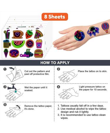 Neon Temporary Tattoos 96 PCS - Cute Birthday Party Decorations & Favors for Kids | 8 Sheets Tattoo Stickers - Perfect for Children's School Gifts & Rewards - Buy Online on GoSupps.com