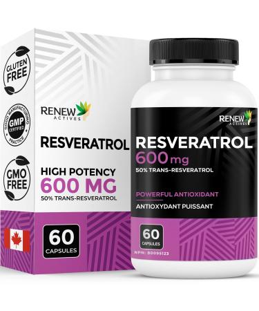 Renew Actives Resveratrol Supplement 600mg per Serving - High-Potency Antioxidant Complex with 50% Trans-Resveratrol Supports Cellular Health & Longevity - Made in Canada 60 Vegan Capsules