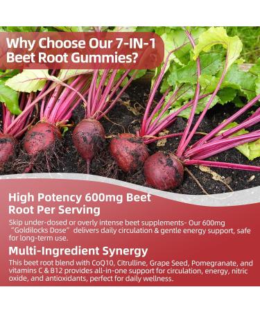 ELLAMENTZ Beet Root Gummies 600mg with CoQ10 L-Citrulline Grape Seed & Pomegranate - 7 in 1 Nitric Oxide Booster Gummies for Circulation Energy & Endurance Vegan 120 Counts - Buy Online on GoSupps.com