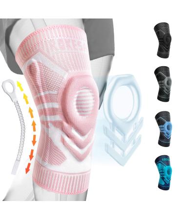 Rokesa knee brace support sleeve for men women  knee brace with side stabilizers & patella gel pads  knee braces for knee pain arthritis meniscus tear relief Pink Small