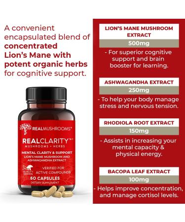 RealClarity Brain Supplement - Organic Lions Mane & Ashwagandha Capsules for Mental Clarity and Daily Immune Support - 60ct - Buy Online on GoSupps.com