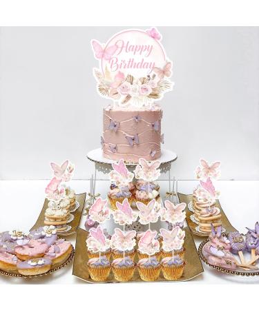 Butterfly Happy Birthday Cake Toppers Set 24 Pcs Butterfly Cupcake Picks with 1 Pc Pink Boho Cake Topper Girls Birthday Party Decorations Supplies - Buy Online on GoSupps.com
