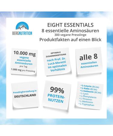 Berg NUTRITION EIGHT Essentials - 300 Vegan Amino Acid Tablets with 8 Essential Amino Acids | High Dose EAA Complex for Optimal Protein Supply | Prof. Dr. Luc Moretti Approved - Buy Online on GoSupps.com