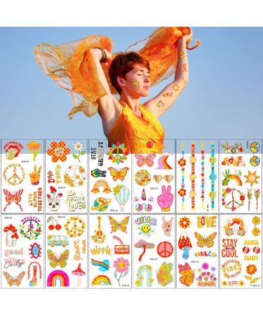 Groovy 70s Temporary Tattoos - Flower Glitter Fake Tattoo Stickers for Retro Hippie Decor - 20 Sheets - Buy Online on GoSupps.com