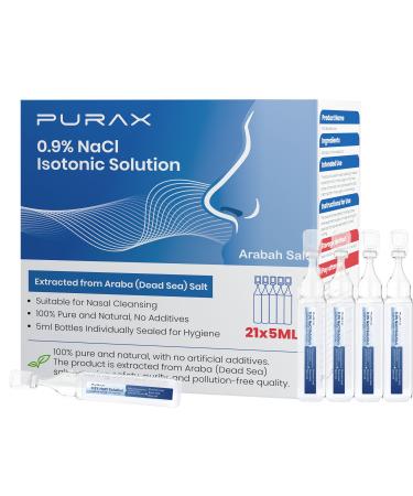 PURAX Saline Solution 0.9% Nasal Cleanse for Babies Kids and Adults Isotonic Saline Solution for Eye Care Wound Cleansing - 21 Count (5ml Each)