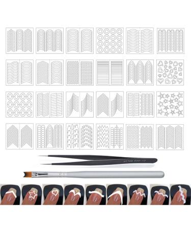 WOKOTO 24 Sheets French Nail Stickers For Women Heart Shape Star Wave Smile Shapes Image French Tip Guides Stickers With 1 Pcs Anti-Static Tweezers And 1 Pcs French Brush Set
