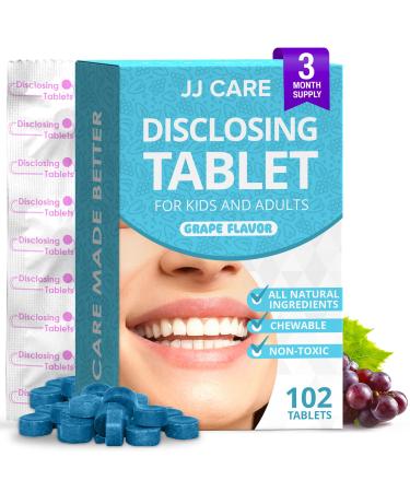 JJ Care Disclosing Tablets for Teeth- 102 Count Grape Flavored Plaque Disclosing Tablets for Kids and Adults 3 Month Supply of Teeth Coloring Individually Wrapped Plaque Tablets