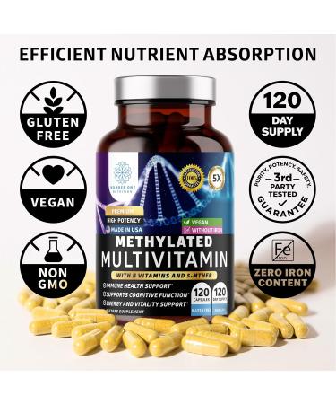 Number One Nutrition Methylated Multivitamin for Women & Men, Natural Daily Multivitamins with Folate, Vitamin B12, Vitamin B2 and B6, Non-GMO, Gluten-Free, 120 Caps - Buy Online on GoSupps.com