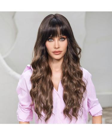 EMMOR Ombre Brown Long Curly Wig with Bangs | Heat Resistant Synthetic | Natural Look for Women - Buy Online on GoSupps.com