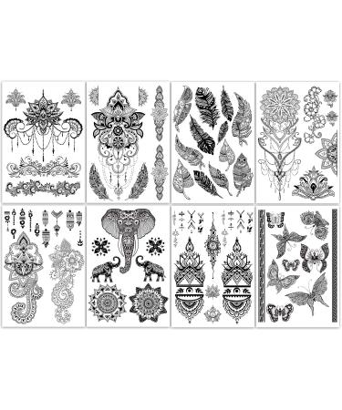Yazhiji 8 sheets Extra Large Henna Mandala Temporary Tattoo Collection for Women and Girls Sexy Tattoo Stickers.
