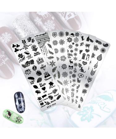 Mwoot 6Pcs Nail Art Stamping Plate Set - Cat, Feather, Snowflakes, Leaves Theme Manicure Print Tool - Buy Online on GoSupps.com