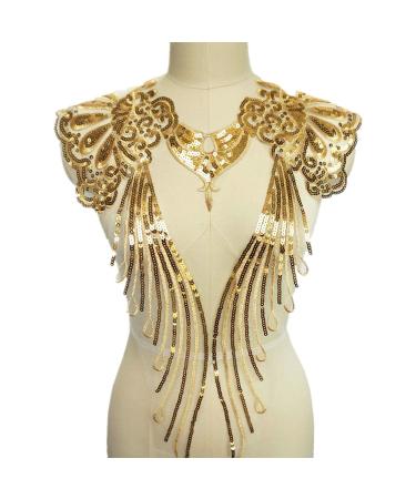 Gauze Sequins Gold Thread Feather Phoenix Tail Patches Sewing Fabric Collar Applique Brooch Embroidery Lace Patch DIY Wedding Gown Cheongsam Bridal Dress Crafts 1 Set/5pcs (White) Ivory,Gold,White
