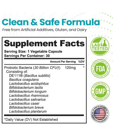 Gut Probiotic 30 Billion CFU with DE111 & 10 Strains - High Potency Probiotic Supplement for Digestive Health Immune System Support Enhanced Nutrient Absorption - Non-GMO 30 Vegetarian Capsules - Buy Online on GoSupps.com