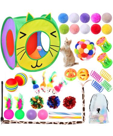 SUPJADE Cat Kitten Toys Interactive-Feather-Toys- 37Pcs Kitten Mice Toys Sets for Indoor Cats Kitten Tunnel Mice Mouse Wand Springs Teaser Toys Kitty (1#)
