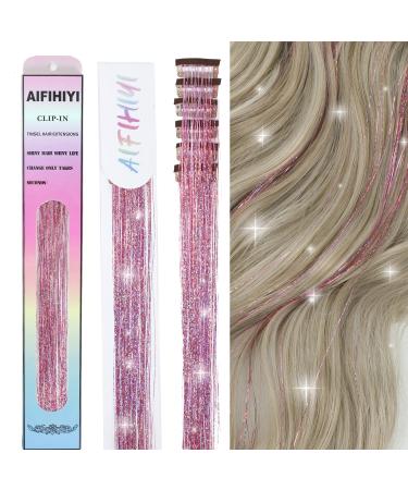 6 Pieces Clip in Hair Tinsel Heat Resistant 23.6 Inch Fairy Pink Hair Tinsel Kit Clip in Tinsel Hair Extensions  Glitter Hair Tensile Clip in on Sparkling Shiny Colorful Hair Accessories for Women Girls Kids (Pink)