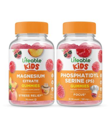 Lifeable Magnesium Citrate Kids + Phosphatidylserine (PS) Kids Gummies Bundle - Great Tasting Vitamin Supplement Gluten Free GMO Free Chewable Gummy