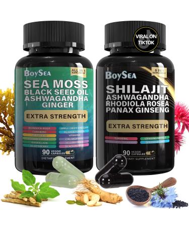 Boysea.Shilajit and Sea Moss Bundle- 90 Count - Sea Moss, Black Seed Oil, Ashwagandha, Ginger & Shilajit, Rhodiola Rosea, All in 1 Supplements (1 Pc) 90 Count (Pack of 2)
