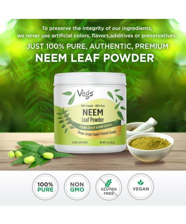 Vegs Organic Neem Leaf Powder - Freeze Dried True Green Neem Leaves Powder - Supports Hair Growth Skin & Gut Health Cleansing Immunity - 9 oz - Buy Online on GoSupps.com