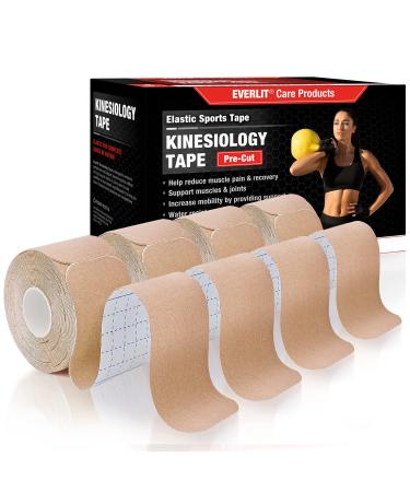 EVERLIT 4-Pack Pre-Cut Elastic Cotton Kinesiology Therapeutic Athletic Sports Tape for Pain Relief and Support 80 Precut 10 Strips (Beige)