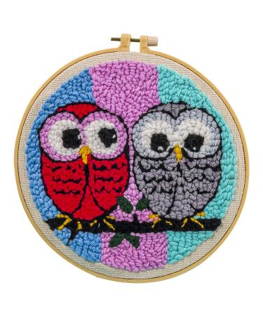 Maydear Punch Needle Starter Kit for Beginner Cartoon Rug Hooking Beginner Kit  with an Embroidery Pen and 9.8'' Hoop - Owl Couple