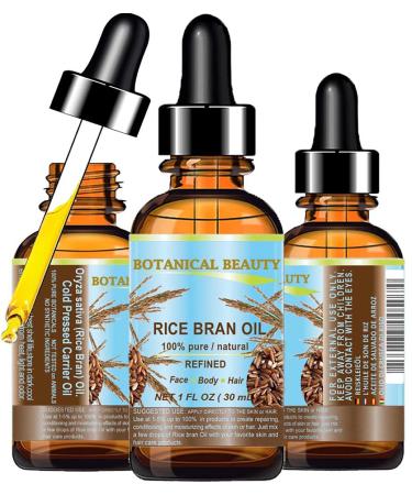 Botanical Beauty RICE BRAN OIL 100% Pure Natural Refined Undiluted Cold Pressed Carrier Oil for Face Skin Body Hair Massage Nails. (1 Fl Oz) 1 Fl Oz (Pack of 1)