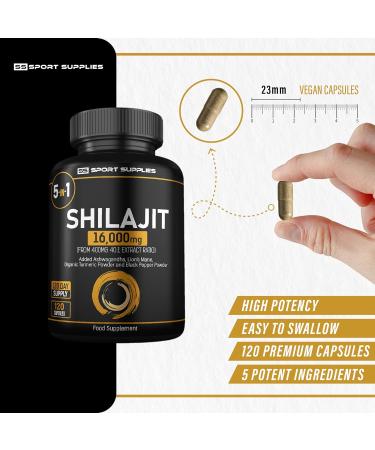 Shilajit Capsules 16 000mg - 60% Fulvic Acid (from 400mg 40:1 Extract Ratio) - Added Ashwagandha Turmeric Lions Mane and Black Pepper - High Strength Himilayan Shalajit Resin - 120 Capsules - Buy Online on GoSupps.com
