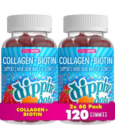 Dippin Dots - Collagen + Biotin (60 Count) Gummies Rasberry Squish Flavor - 2 Pack 60 Count (Pack of 2)