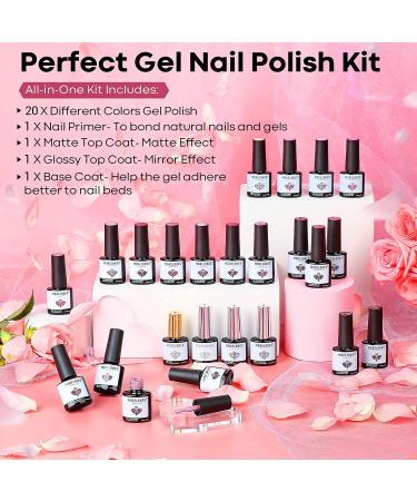 Modelones 24 Pcs Gel Nail Polish Kit - Hot Pink & Glitter Soak Off Gel Set with GlossyMatte Top & Base Coat | Perfect Nail Art Gifts - Buy Online on GoSupps.com