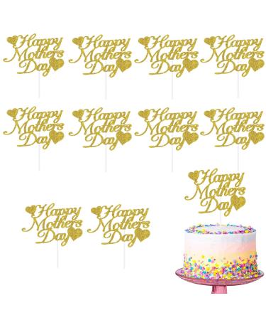 KIPETTO Happy Mother's Day Cake Toppers 20Pcs Glitter Heart Cupcake Topper for Mother's Day Mom's Birthday Party Cake Decoration Gold