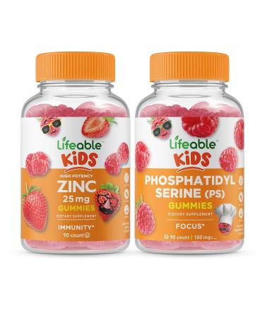 Lifeable Zinc 25mg Kids + Phosphatidylserine (PS) Kids Gummies Bundle - Great Tasting Vitamin Supplement Gluten Free GMO Free Chewable Gummy