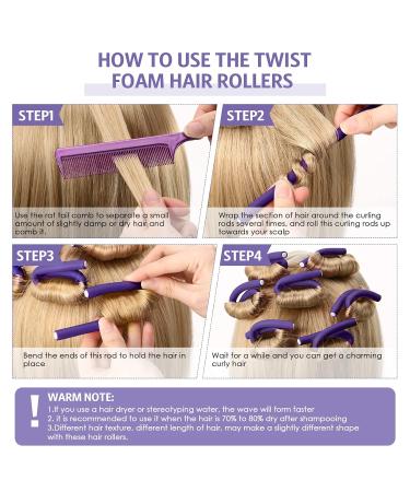 30-Piece Flexible Curling Rods Twist Foam Hair Rollers + Steel Pintail Comb Set 7x0.3 Inch (Purple) - For Women & Girls, Long & Short Hair - Buy Online on GoSupps.com