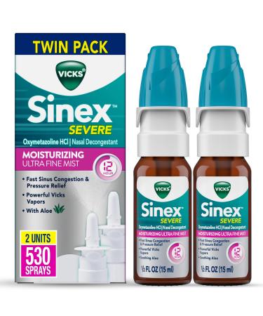 Vicks Sinex Severe Nasal Spray Moisturizing Ultra Fine Mist with Aloe Decongestant Medicine Relief from Stuffy Nose Due to Cold or Allergy Nasal Congestion & Sinus Pressure Relief 265 Sprays x 2